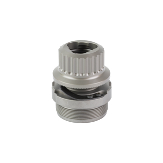 Metal threaded coaxial connector with a knurled grip on a white background