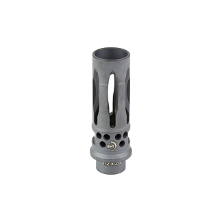 Cylindrical firearm suppressor with vertical vents and a threaded base.