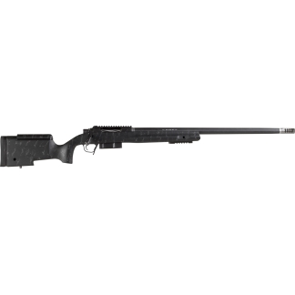Bolt-action rifle with a black marbled finish, lying horizontally across the image.