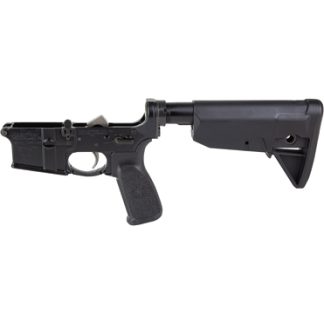 Black semi-automatic rifle shown in profile with a pistol grip and adjustable stock attached