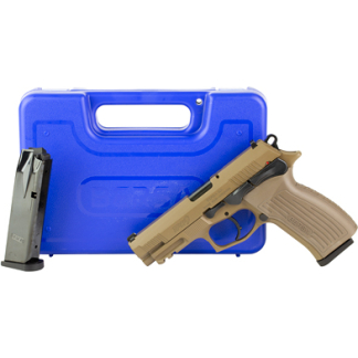 Blue hard plastic firearm case with a tan semi-automatic pistol and magazine placed in front of it