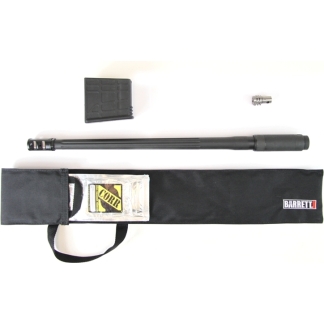 Disassembled rifle barrel with a detachable magazine, small muzzle device, and a Barrett-branded black carrying case on a white background.