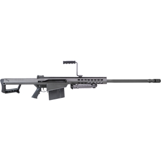 Long gray assault rifle with a perforated handguard, top rail, bipod, and a foldable stock set against a white background.