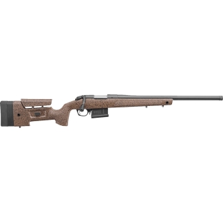 Long-barreled bolt-action hunting rifle with a brown speckled stock and a detachable magazine under the receiver.