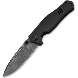 Close-up of a black folding knife with a Damascus-patterned blade partially extended.