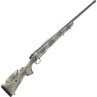 Bolt-action hunting rifle with cracked desert camouflage finish shown diagonally on a white background