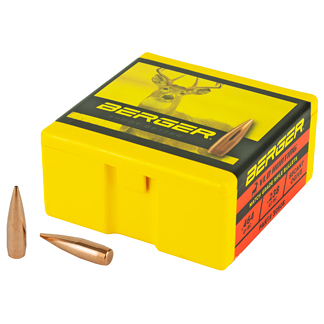 Yellow Berger ammunition box with two copper rifle bullets laid out nearby.
