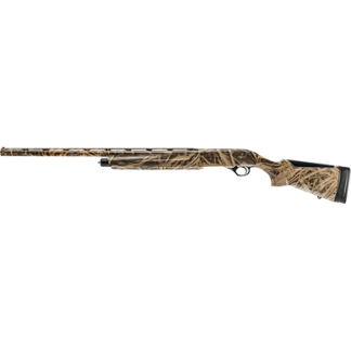 Camouflage-pattern hunting shotgun shown in profile with a long barrel and adjustable stock butt pad.