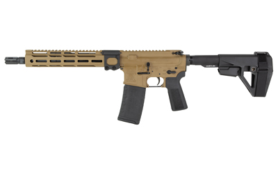 BRO-S15-KTX-P-TCT-BLK_1 | ATFirearms Tan and black semi-automatic rifle with adjustable stock, pistol grip, and quad-rail handguard with a magazine inserted.