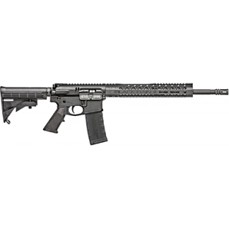 Black semi-automatic rifle with adjustable stock, pistol grip, long handguard, and a magazine inserted on a white background