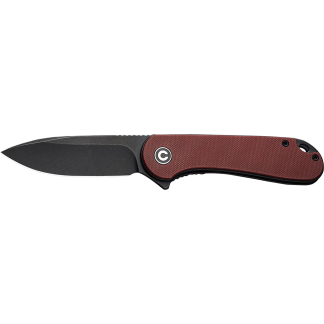 Folding knife with a dark blade and red textured handle.