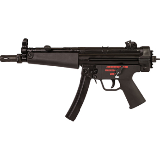 Black submachine gun with a curved magazine shown in a side view on a white background, isolated image.