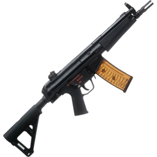 Black assault rifle with a collapsible stock and a translucent orange curved magazine, angled to the right