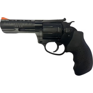 Close-up of a black revolver with an orange front sight, displaying the engraved 'PATHFINDER II .22 LR' on the barrel and the trigger guard visible.