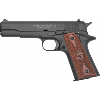 Semi-automatic pistol with a dark metal frame and wooden grip, side view; markings read Chiappa Firearms 1911-22 Cal. 22lrRail
