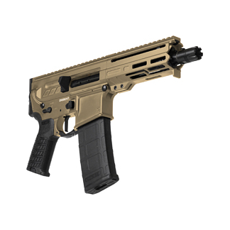 Tan-colored assault rifle with a polymer grip and detachable box magazine, viewed from the side with a long handguard and rail system