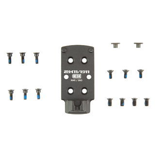 Black mounting bracket surrounded by multiple small blue screws on a white background.