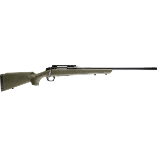 Bolt-action rifle with olive-green stock and long black barrel, shown in profile.