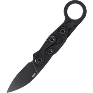 Black folding knife with a circular ring handle, showcasing a multi-screw pivot design and compact, curved blade (karambit-style).