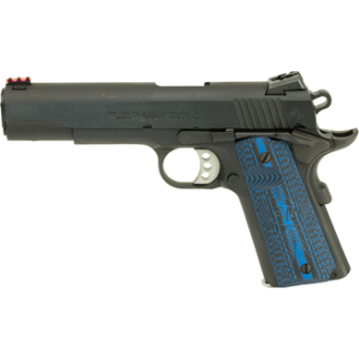 Black semi-automatic handgun with a blue patterned grip panel.