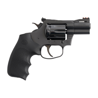 Side view of a black revolver handgun with a short barrel and textured grip