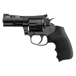 Black revolver with a short barrel, visible hammer, and textured grip.