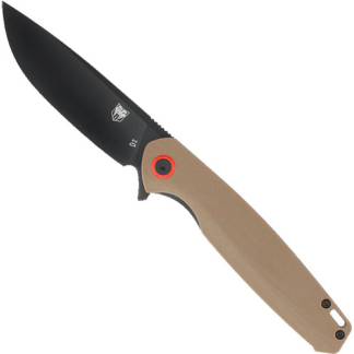 Folding knife with a black blade and tan handle, shown partially open with a red pivot ring near the hinge.