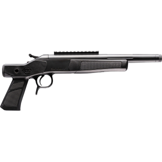 Side view of a black semi-automatic pistol with a textured grip and long barrel on a white background.