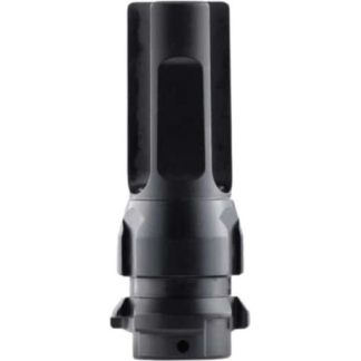 Close-up of a black cylindrical mechanical part with a gray collar, seen from the front with small side protrusions.
