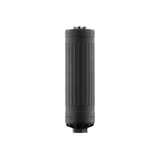 Black cylindrical grip with vertical ridges and metal ends, viewed head-on. Likely a handheld component or grip accessory.