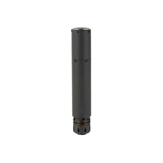 Tall black cylindrical device standing upright with a segmented bottom cap on a white background.