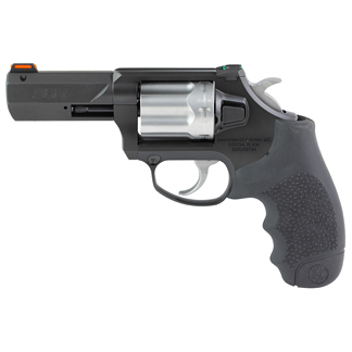 Compact black revolver with a silver cylinder, shown in profile with a textured grip.