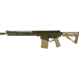 Olive-drab and tan semi-automatic rifle with a long, rail-equipped handguard, attached magazine, and collapsible stock.