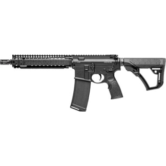 Black AR-style semi-automatic rifle with a long Picatinny rail, adjustable stock, and a curved magazine.