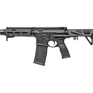 Black semi-automatic rifle with a quad rail handguard, curved magazine, pistol grip, and adjustable stock