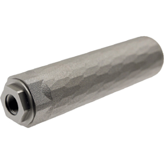 Knurled metal cylindrical adapter with internal threading on one end and a hexagonal nut at the outer end.