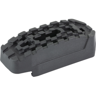 Black motorcycle foot peg with a knurled, textured gripping surface for rider foot support