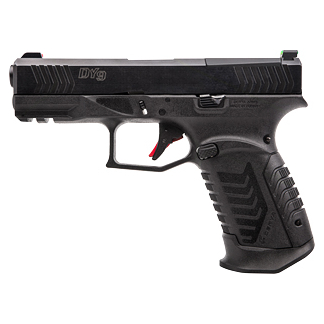 Black semi-automatic pistol with textured grip, side view showing green front sight and trigger safety (handgun in profile).