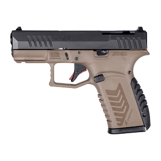 Side view of a tan polymer-framed semi-automatic pistol with a black slide.