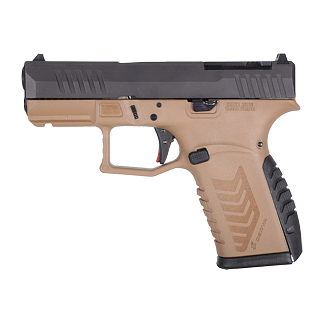 Side view of a tan polymer-frame, black-slide semi-automatic handgun with textured grip.