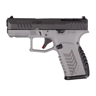 Side view of a semi-automatic pistol with a gray grip and black slide on a white background