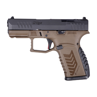 Side view of a tan and black semi-automatic pistol with an ergonomic grip and textured panels.