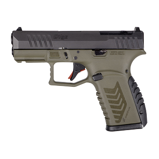 Olive-drab semi-automatic pistol with a black slide, shown in a right-side profile.