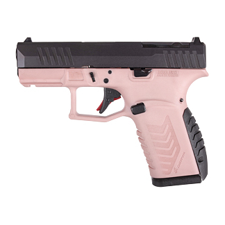 Pink toy gun with a black slide and textured grip, shown in side view from the left.