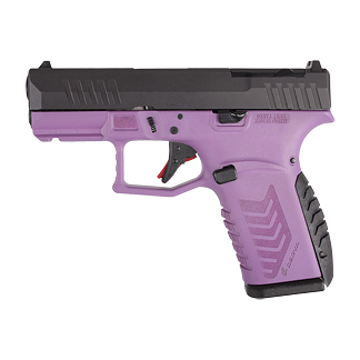 Purple toy pistol with a black slide and textured grip, shown in profile