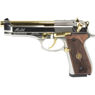 Gold- and silver-tone semi-automatic handgun with a brown wooden grip on a white background.