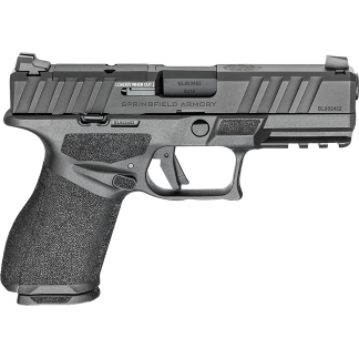 Side view of a gray polymer-frame semi-automatic pistol with serrated slide and textured grip (Springfield Armory).