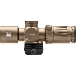Bronze-colored riflescope with Vudu branding and adjustable turrets mounted on a rail mount used for precision shooting.