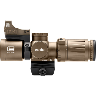 Tan tactical rifle scope with magnified lens and rail mount, featuring Vudu branding and EOTech markings.