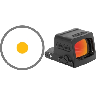 Reflex red dot sight beside a large grey target ring with orange bullseye, illustrating aiming.
